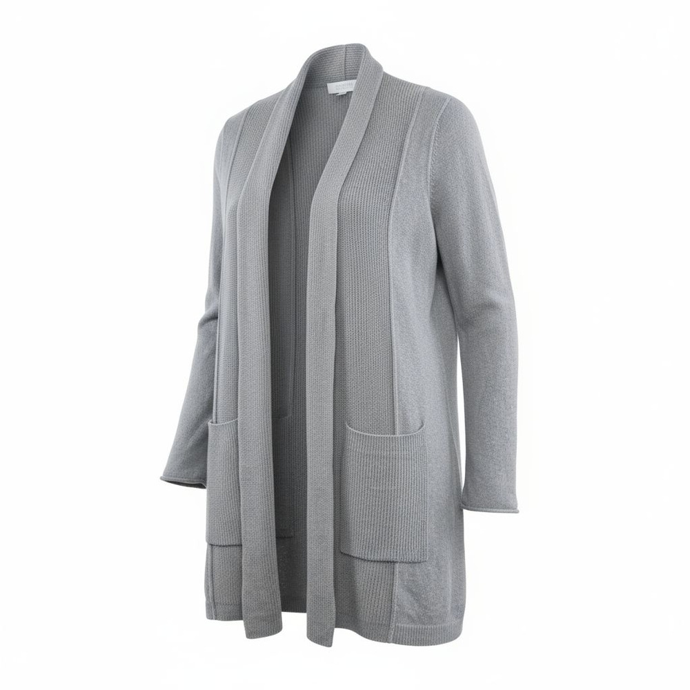 Kinross 100% Cashmere Gray Open Front Cardigan Sweater Large Pockets Luxe Soft
